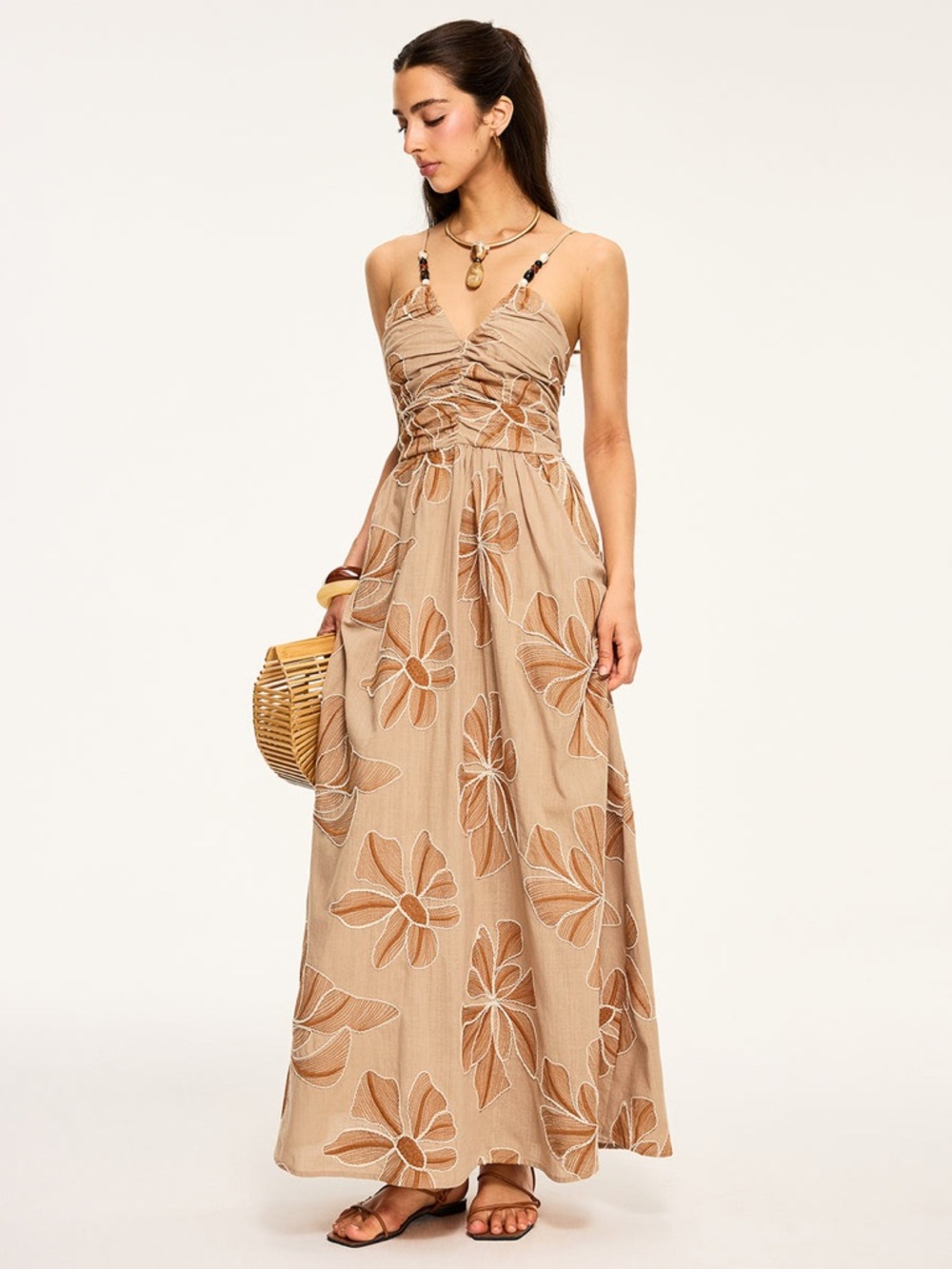 COMMENSE Beige Floral Embroidered Maxi Dress